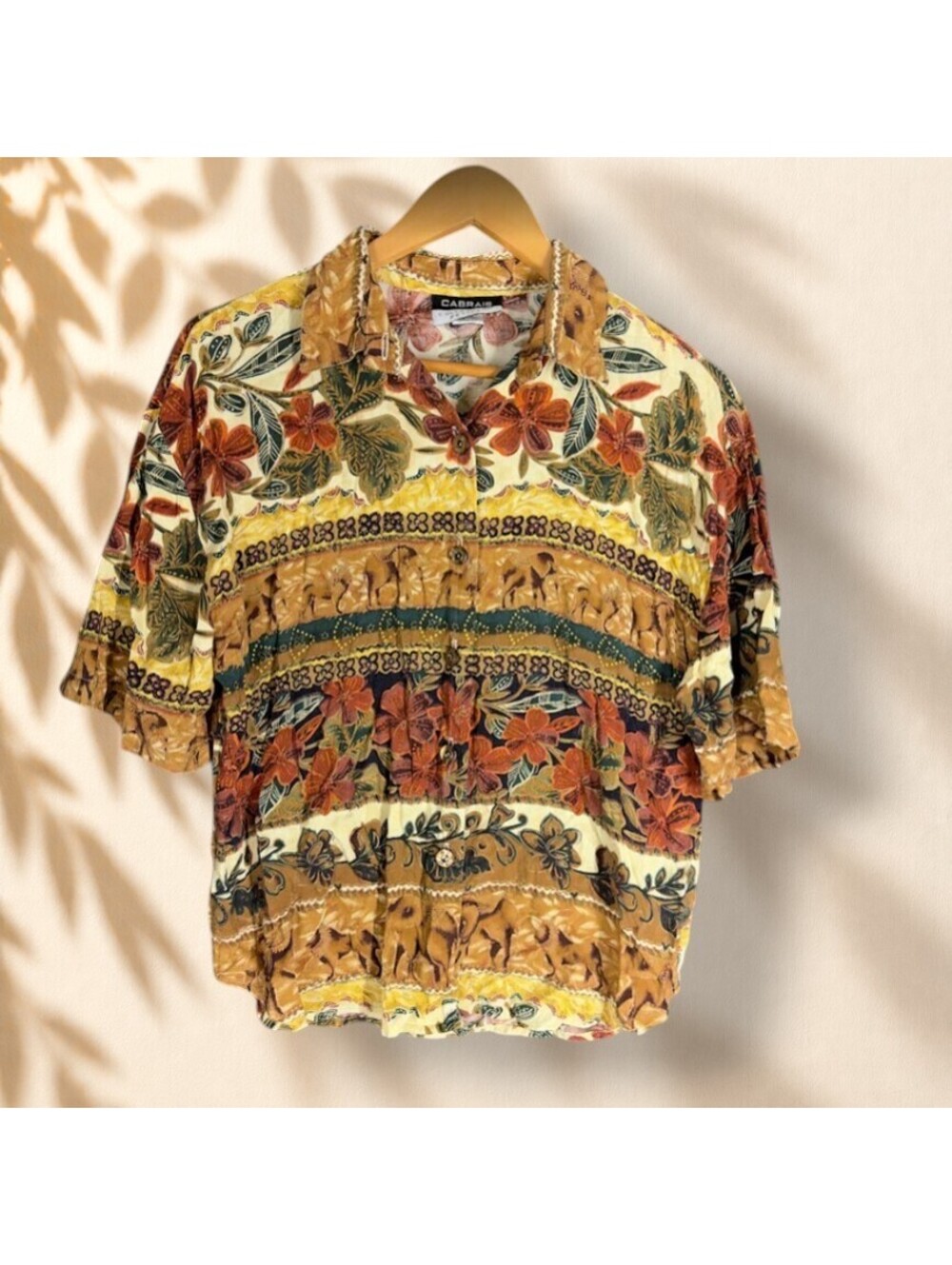 Cabrais Shirt Women PM Petite Brown Floral Button Up Collared Short Sleeve Rayon